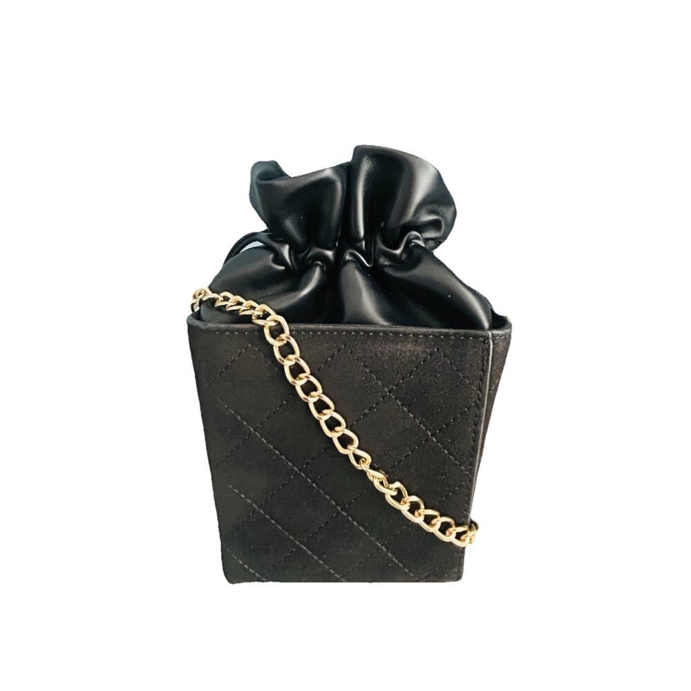 Quilted Mini Drawstring Shoulder Bag Black Pouch Gold Chain Crossbody